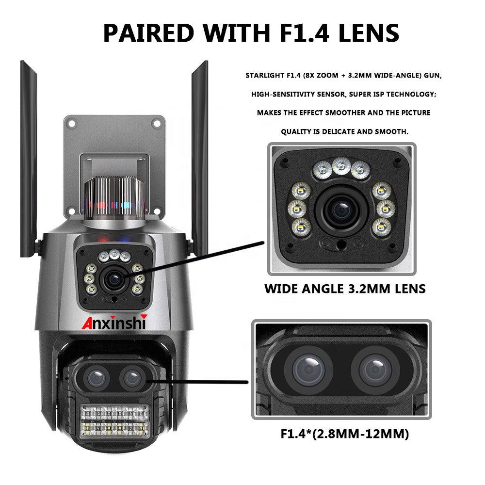 Anxinshi 8X Zoom ICSee 6MP Wireless Multi Lens WiFi PTZ Network Camera