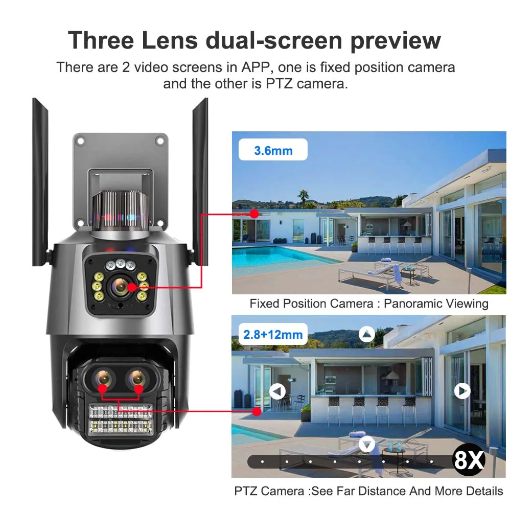3 Lens IP66 Waterproof 4K/8K 10X Wireless WIFI PTZ Network Camera Two-Way Audio Wide Angle Built-In Mic Speaker Home Use
