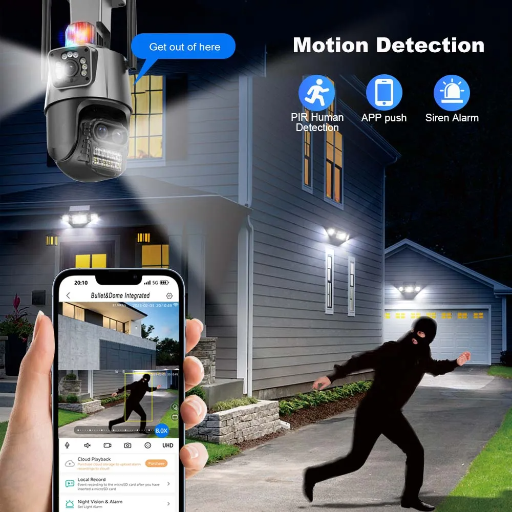 3 Lens IP66 Waterproof 4K/8K 10X Wireless WIFI PTZ Network Camera Two-Way Audio Wide Angle Built-In Mic Speaker Home Use