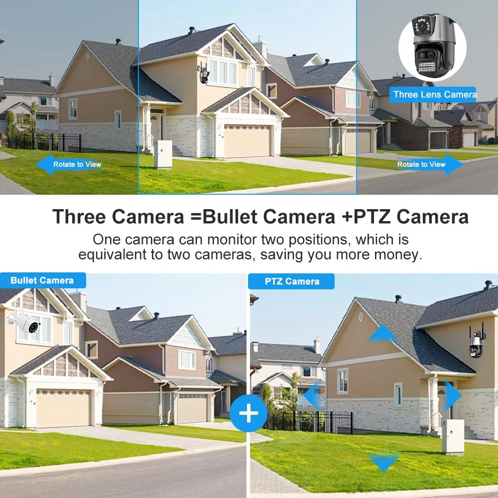 3 Lens IP66 Waterproof 4K/8K 10X Wireless WIFI PTZ Network Camera Two-Way Audio Wide Angle Built-In Mic Speaker Home Use