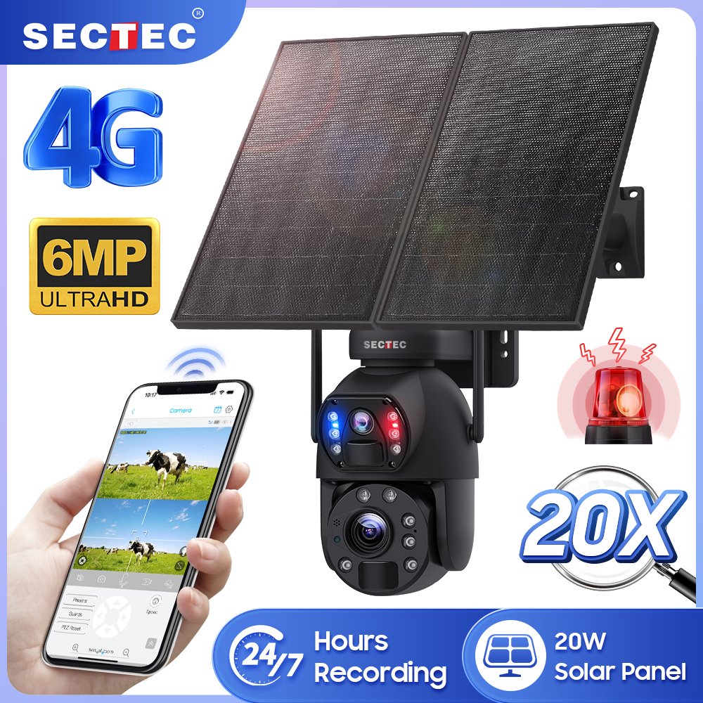 SECTEC CCTV HD 6MP 20W PIR 4G CCTV Security Solar Battery Camera IP UBOX APP 20X Zoom Network Camera