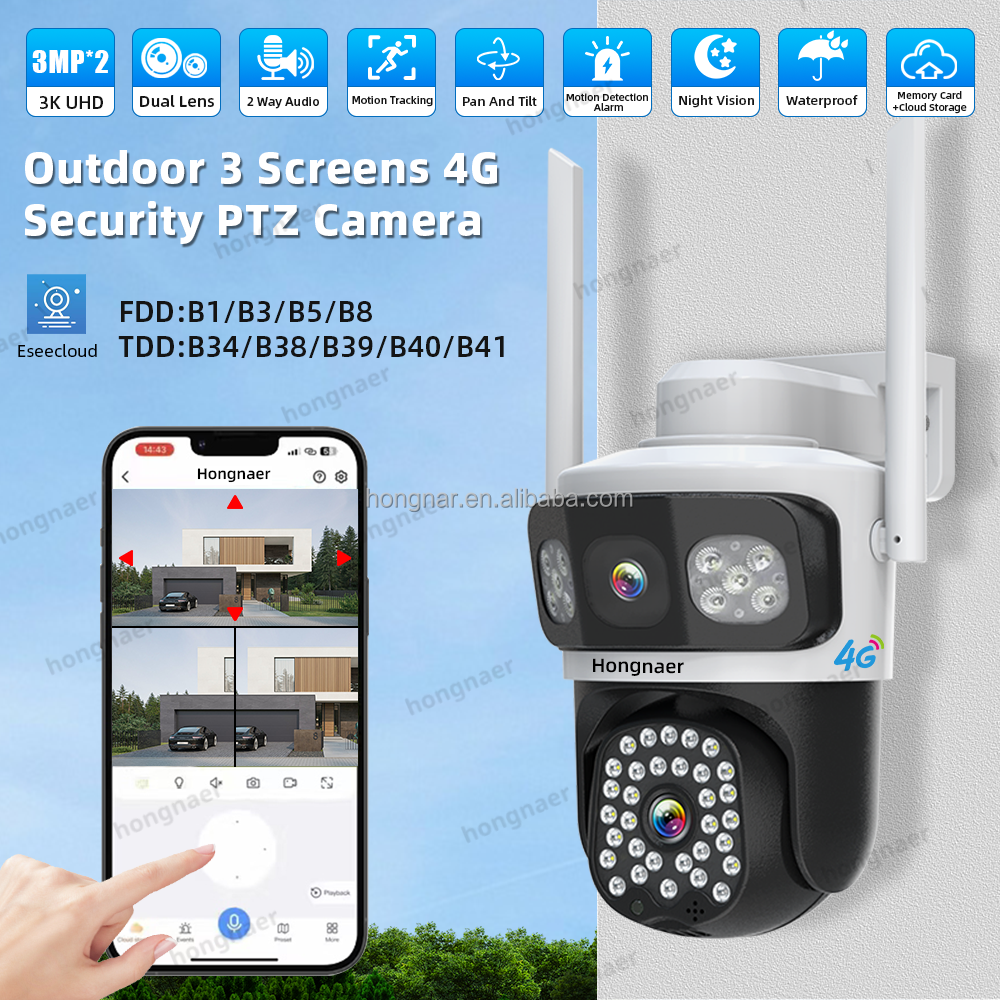 Hongnaer 6MP 4G 3 Screens Wireless Surveillance PTZ Camera Eseecloud Dual Lens IP 4G Sim Card Home CCTV Security Network Camera