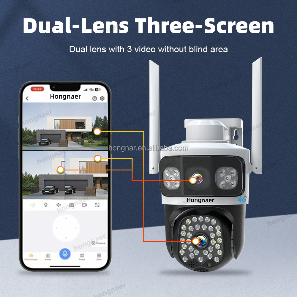 Hongnaer 6MP 4G 3 Screens Wireless Surveillance PTZ Camera Eseecloud Dual Lens IP 4G Sim Card Home CCTV Security Network Camera