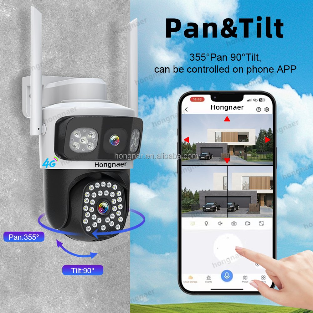 Hongnaer 6MP 4G 3 Screens Wireless Surveillance PTZ Camera Eseecloud Dual Lens IP 4G Sim Card Home CCTV Security Network Camera