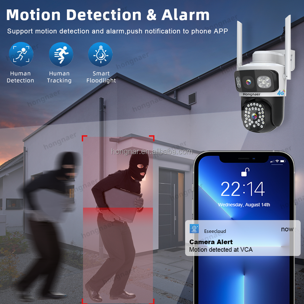Hongnaer 6MP 4G 3 Screens Wireless Surveillance PTZ Camera Eseecloud Dual Lens IP 4G Sim Card Home CCTV Security Network Camera