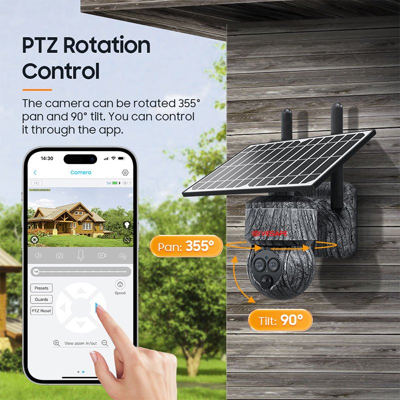VESAFE New HD 6MP Camouflage Hunting Camera PIR Motion Detection 12X Zoom IP PTZ 4G Network Solar Security Camera