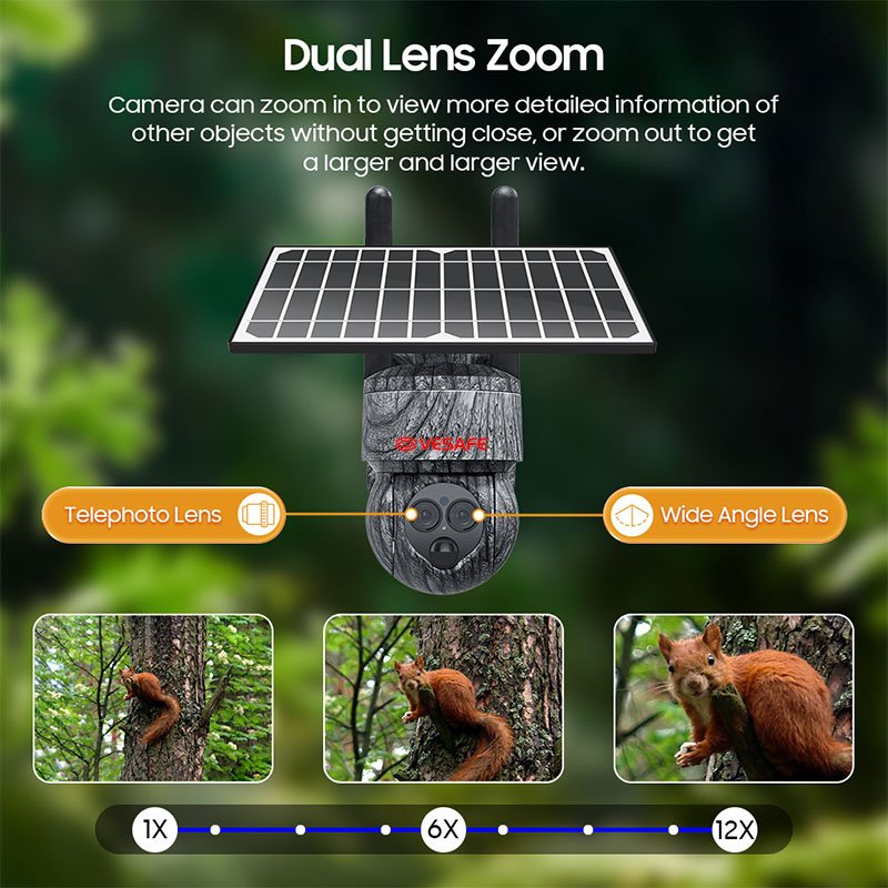 VESAFE New HD 6MP Camouflage Hunting Camera PIR Motion Detection 12X Zoom IP PTZ 4G Network Solar Security Camera
