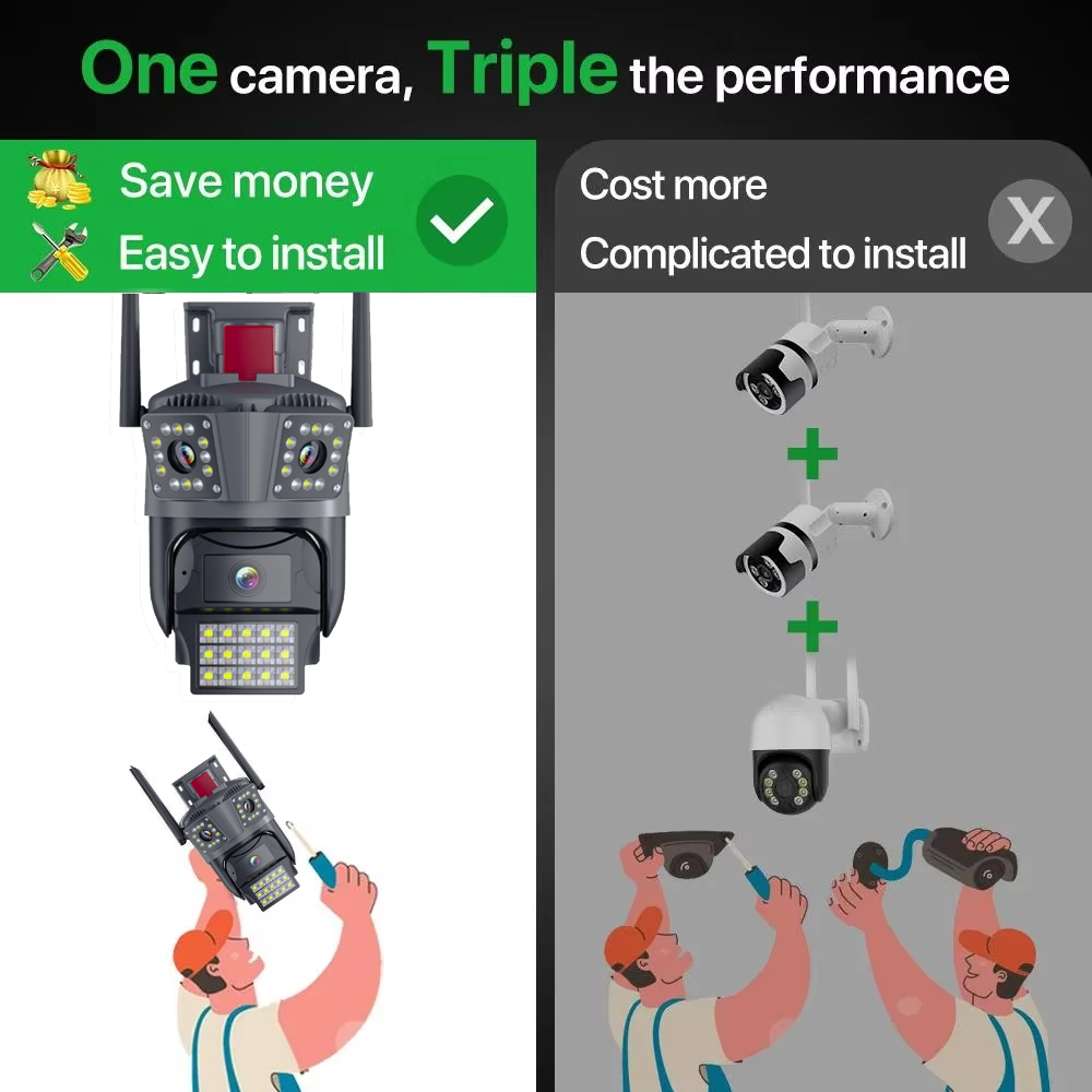 WIFI IP Camera 8MP HD Three Lens PTZ Camera Outdoor 4K Triple Lens Motion Detection Smart Alarm Security Camera Waterproof Ip66