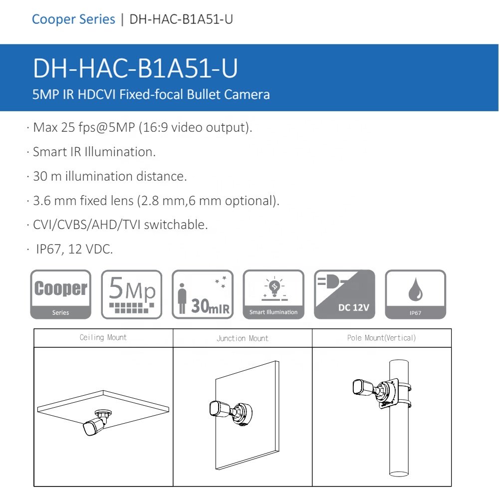 HAC-B1A51-U 2024 New Economy Cheap Outdoor 30m IR CVI/CVBS/AHD/TVI switchable Analog Dahua Cooper 5MP CCTV Camera HAC-B1A51