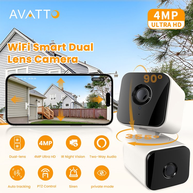 AVATTO Tuya WIFI Dual Lens Wireless Indoor Security 360 Degree 1080P Auto Tracking Smart Dual Lens WiFi Camera