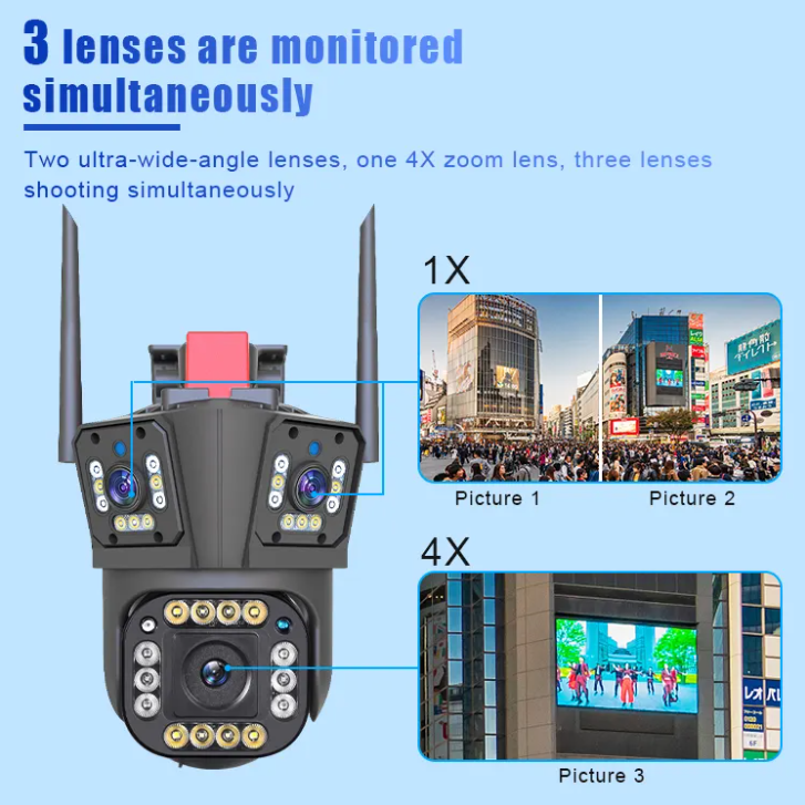 6MP Camera 3 Lens PTZ WiFi Network Compatible Home Outdoor Hopeway App Integrated Real Time Video Monitoring