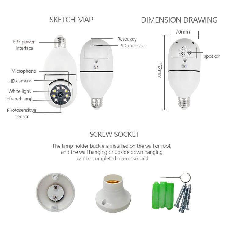 1080P 2MP E27 PTZ H265 smart wifi 360 Two way Audio APP control Auto Track Human detection Home Security bulb camera