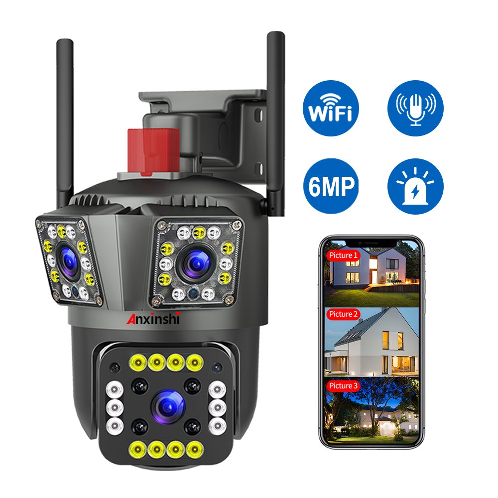 Anxinshi CCTV 3 Lens IP66 8X 6MP Wireless Camera WiFi PTZ Network Camera with Free Speakers CCTV camera