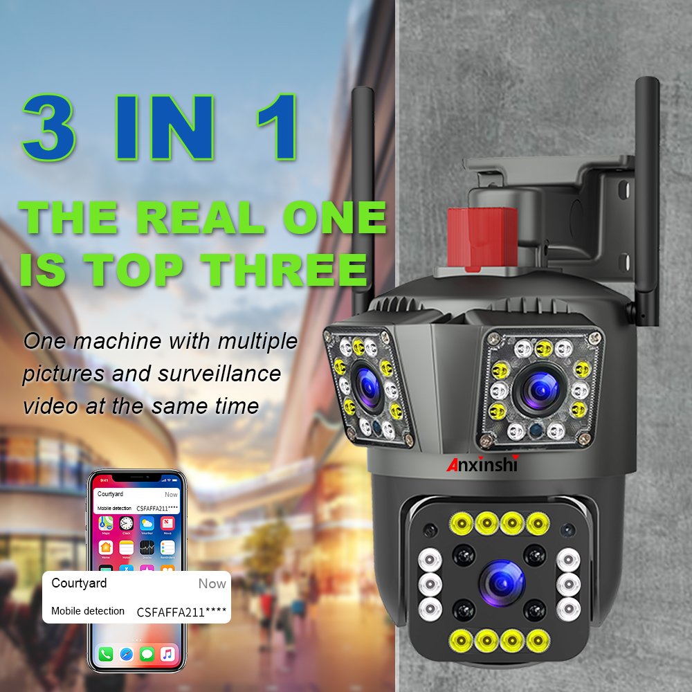 Anxinshi CCTV 3 Lens IP66 8X 6MP Wireless Camera WiFi PTZ Network Camera with Free Speakers CCTV camera