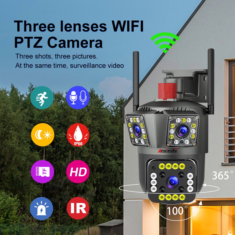 Anxinshi CCTV 3 Lens IP66 8X 6MP Wireless Camera WiFi PTZ Network Camera with Free Speakers CCTV camera