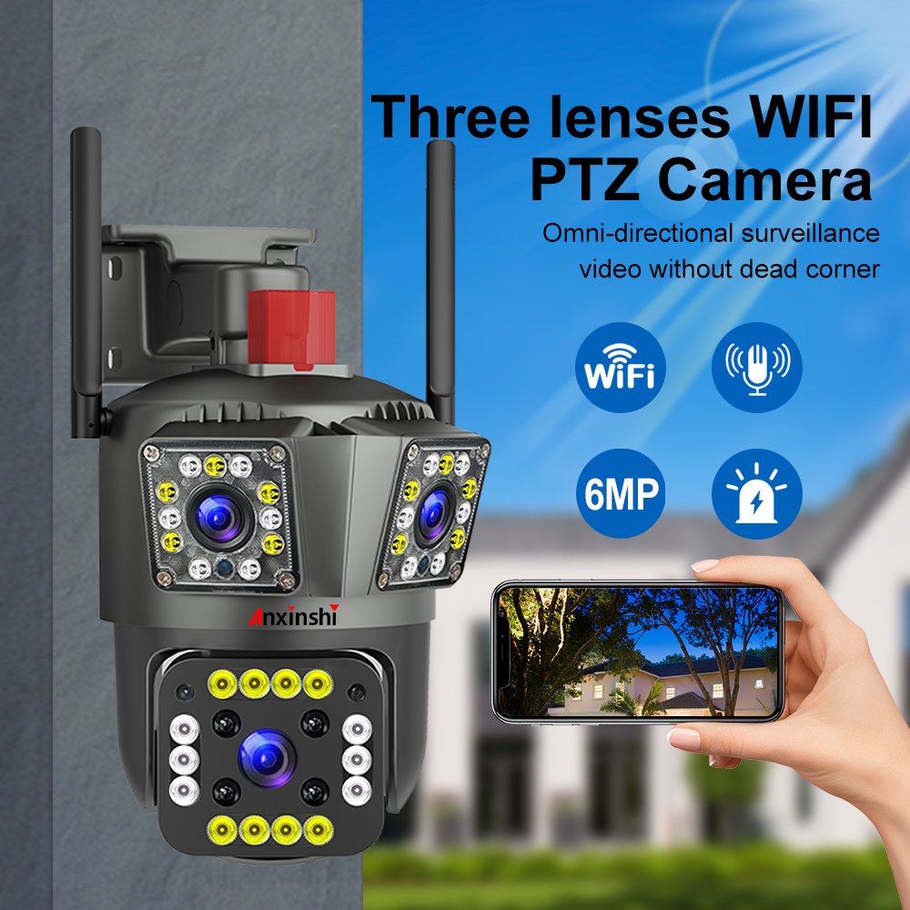 Anxinshi CCTV 3 Lens IP66 8X 6MP Wireless Camera WiFi PTZ Network Camera with Free Speakers CCTV camera