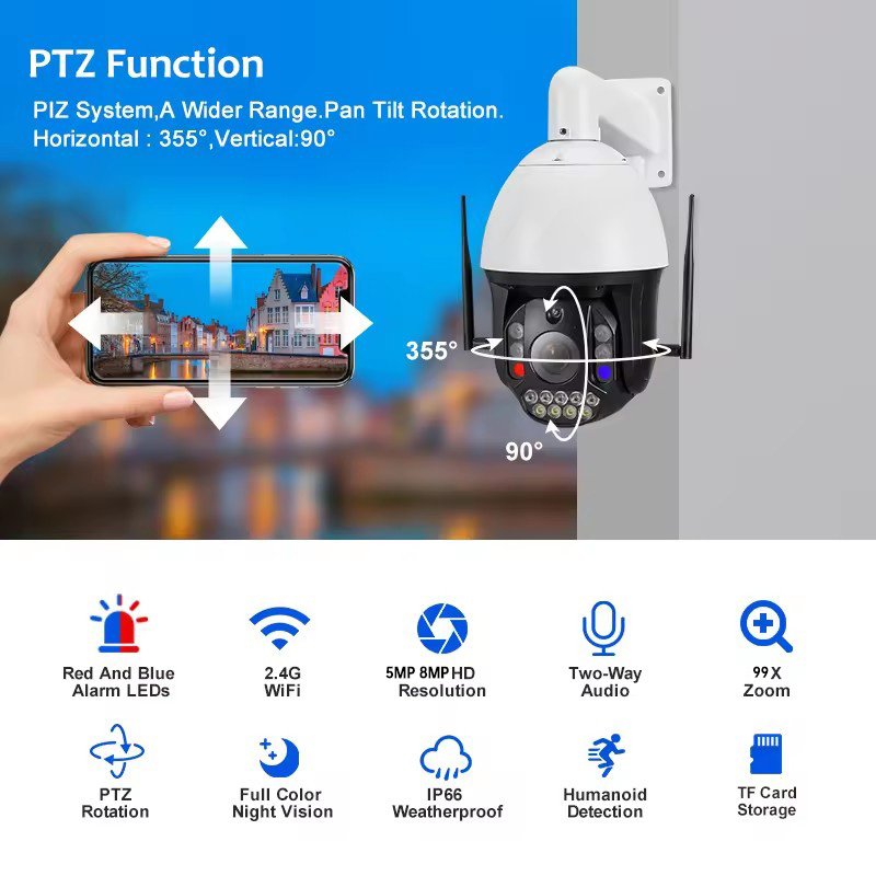Rscamtom 4K HD 99X zoom network camera color night vision red and blue light alarm cctv security camera