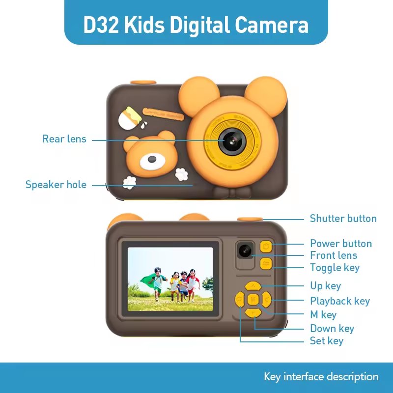 D32 New Detachable Selfie Stick With Handle 2.0 Inch Ips Screen 26m 1080p Cartoon Kid Toy Kids Digital Video Children Camera