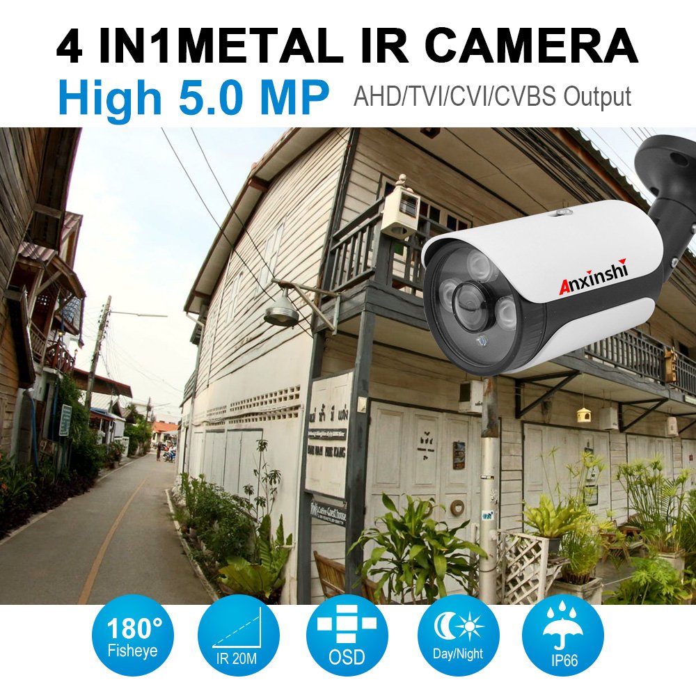 Anxinshi 5.0MP 4In1 Fisheye Bullet Camera AHD TVI CVI CVBS Output camera 180 viewing angle analog cctv camera