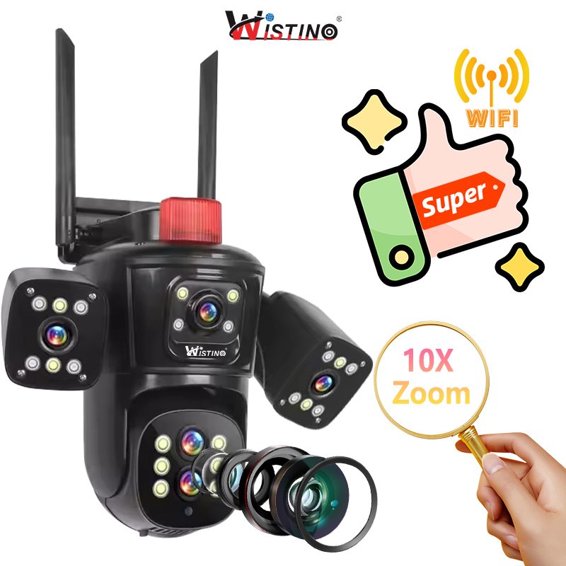 Wistino 4K 10X digital zoom multi lens outdoor wifi security camera color night vision red alarm home security camera