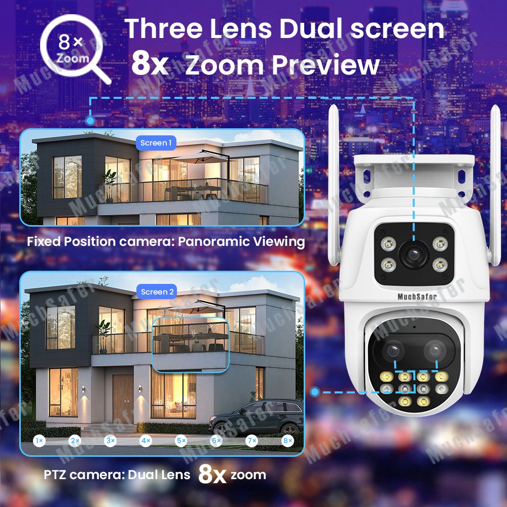 Alexa WiFi 3 Lens Security Camera iCSee 6MP Wireless Outdoor 8X Hybrid Zoom Security WiFi IP PTZ CCTV Network Camera