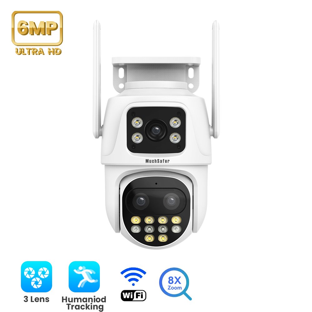 Alexa WiFi 3 Lens Security Camera iCSee 6MP Wireless Outdoor 8X Hybrid Zoom Security WiFi IP PTZ CCTV Network Camera