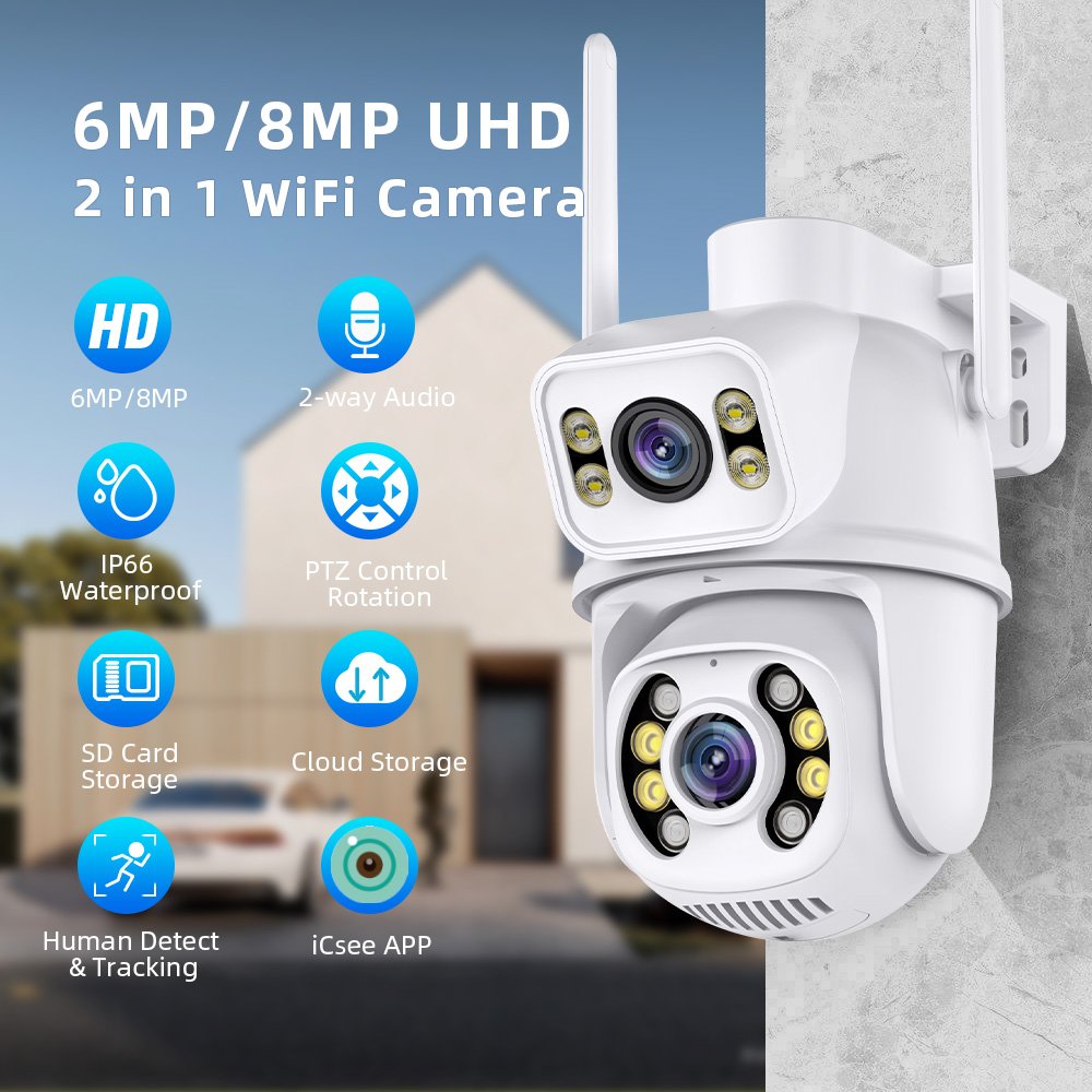 ICsee Network Camera Outdoor Dual Lens Wireless IP CCTV Wifi Dual Ball Machine Camera Dual Lens Ptz Camera