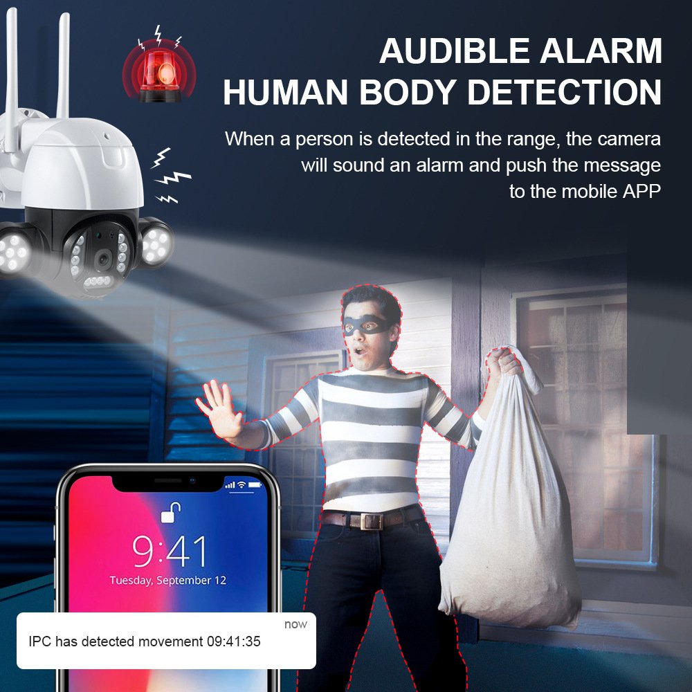 ICSEE Outdoor 3MP AI Wireless PTZ Camera FLOODNIGHT Built-in Mic Siren Micro SD Data Storage IP Human Detection Alarm Floodlight
