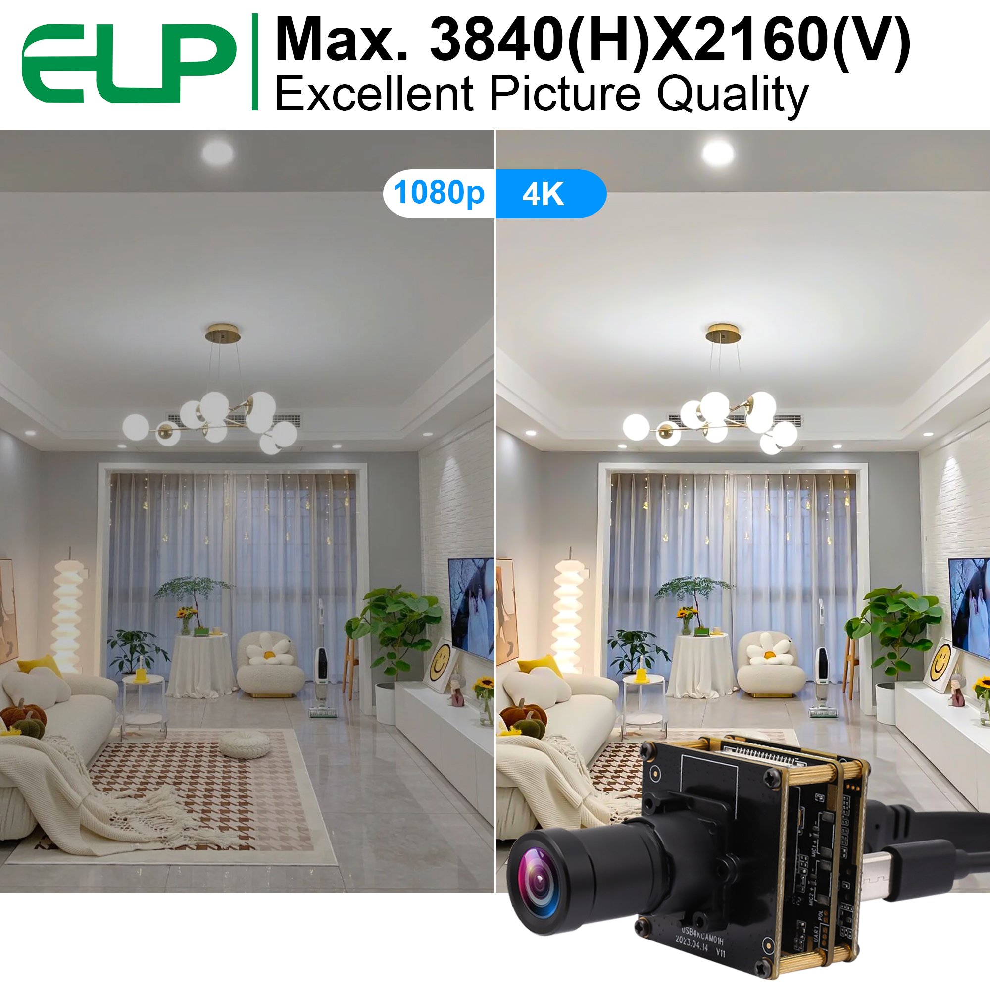 ELP IMX415 Camera 4K 3840X2160 30fps 4mm Black Light Lens Day and Night Vision USB Camera Module for Security