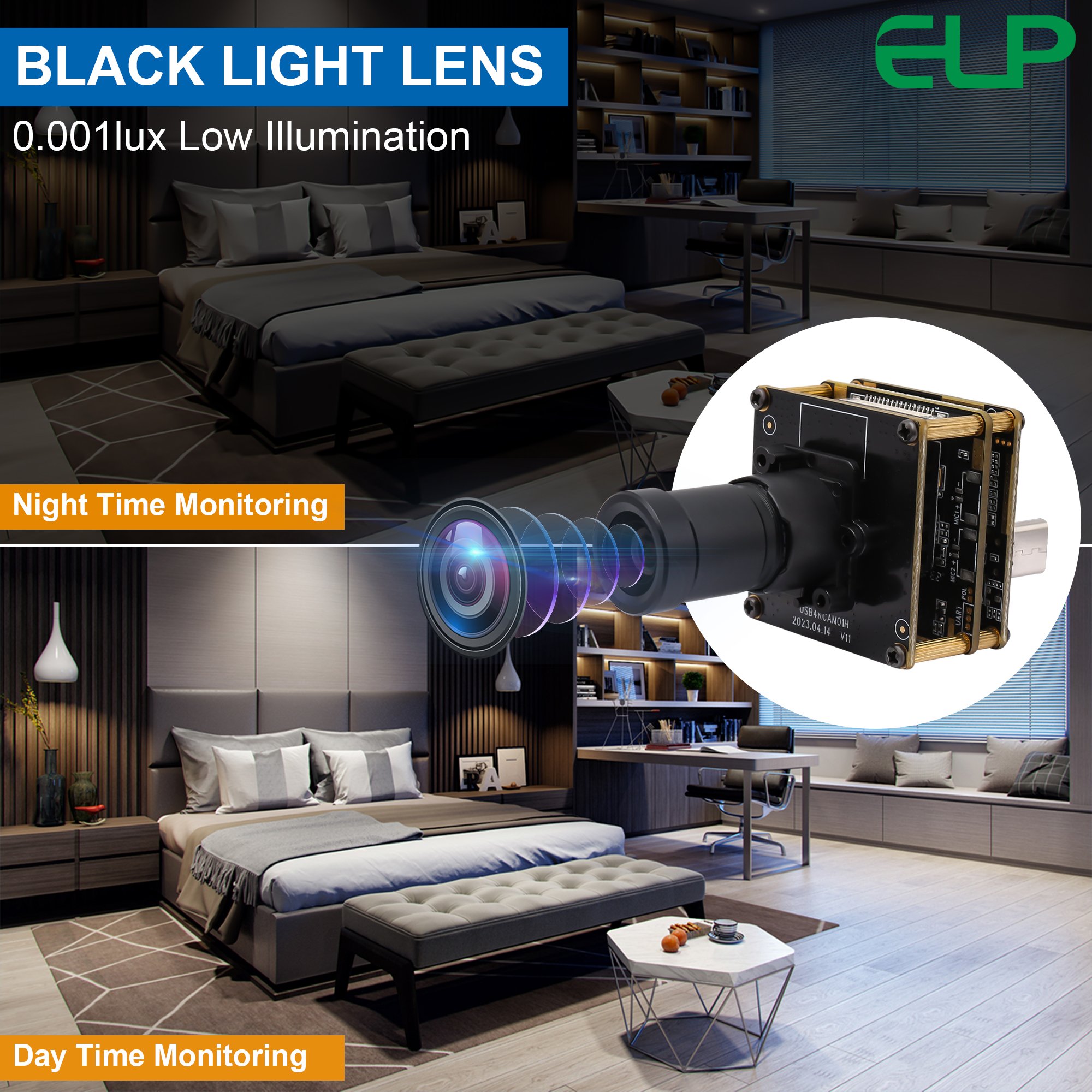 ELP IMX415 Camera 4K 3840X2160 30fps 4mm Black Light Lens Day and Night Vision USB Camera Module for Security