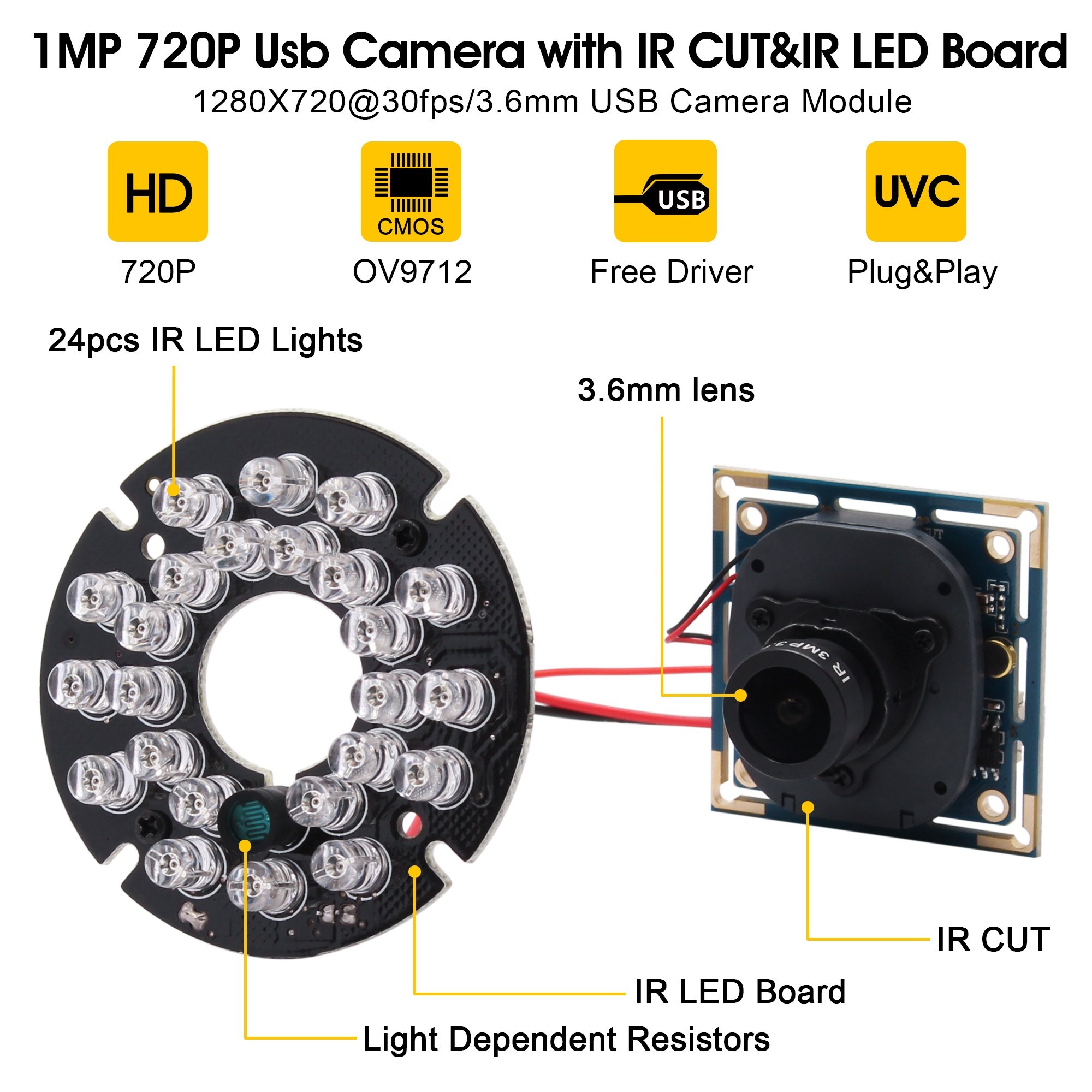 ELP 1MP OV9712 Night Vision External mini IR usb camera for android mobile phone with 850nm ir leds for day and night vision