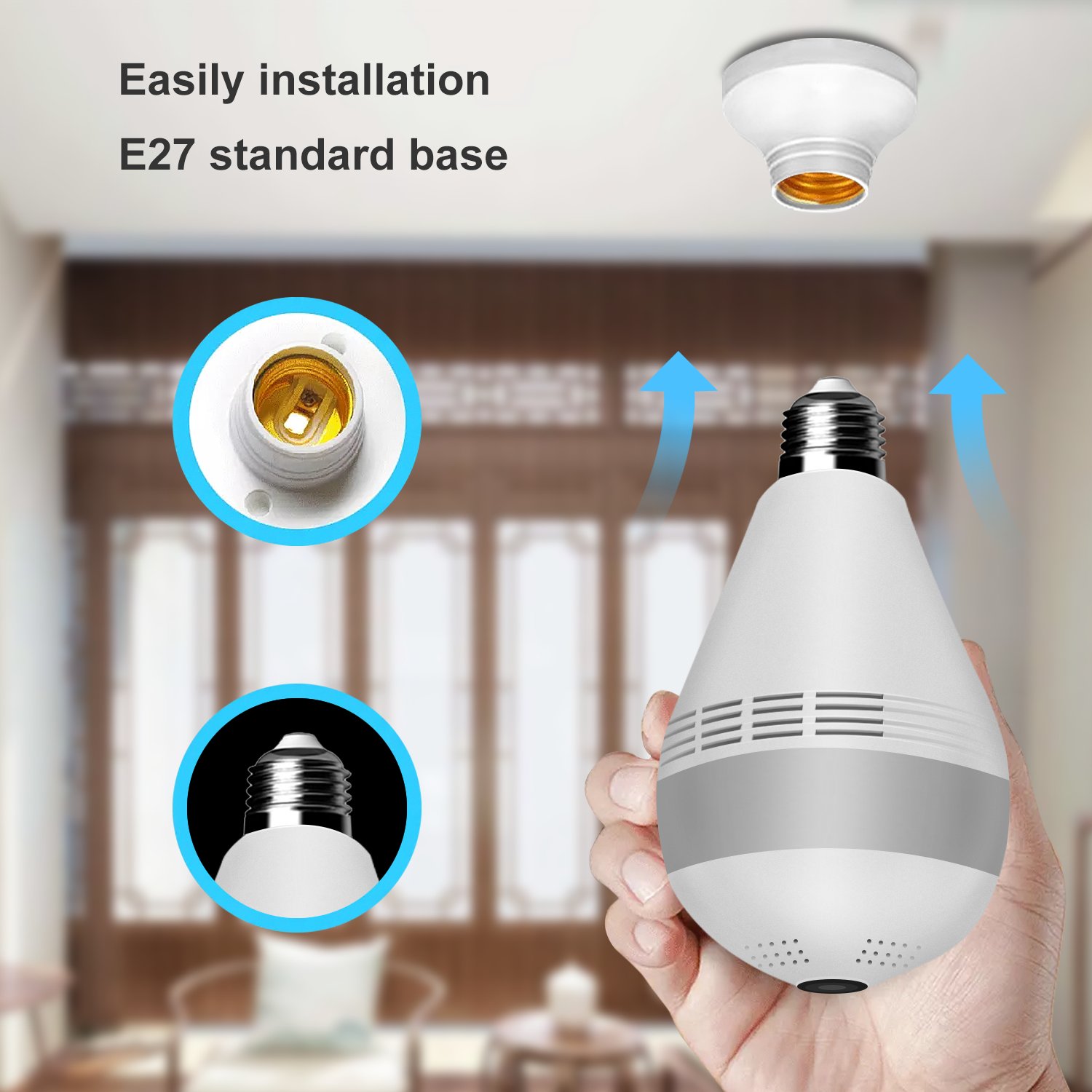 Home Security HD 1080P 360 Wall Mount Wifi Panoramic Bulb Camera Wireless IP APP Control Night Vision Video Cam