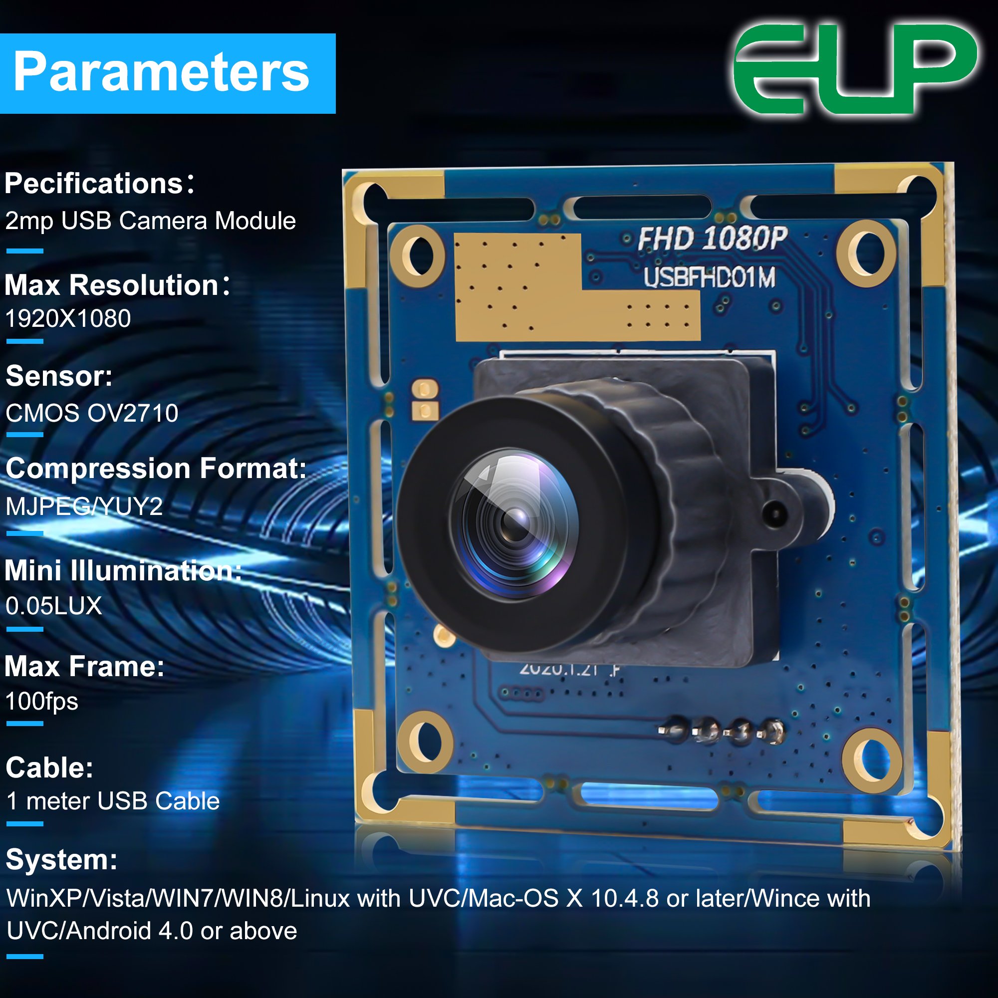 ELP 2 Megapixel Full HD 1080P Module Camera 120fps 60fps OV2710 Micro Mini USB Camera Module with Wide Angle 2.1mm Lens for PC