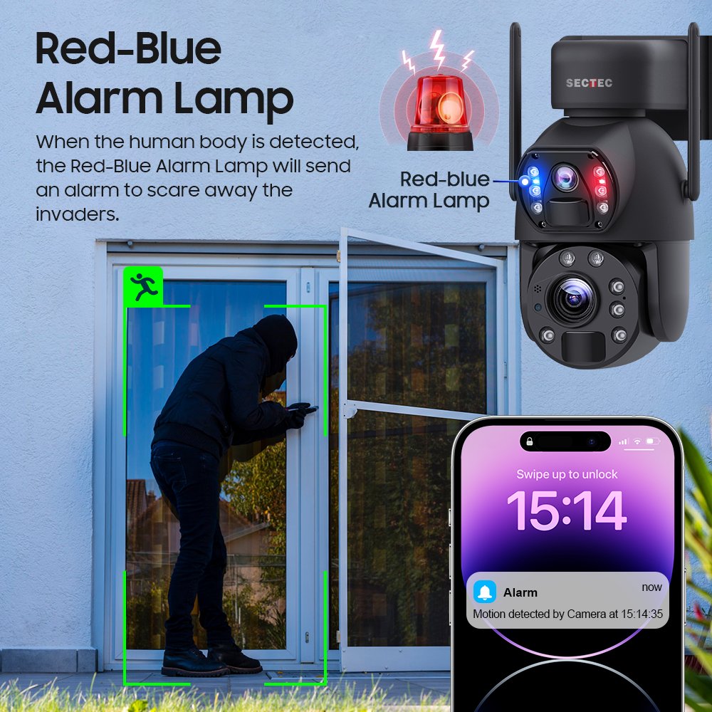 SECTEC 7/14 Hours 20X Zoom Dual Lens 3K HD 6MP 4G 30W Waterproof IP Panoramic Outdoor Security PTZ Solar Network Camera