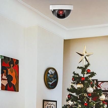 Wakiya Dummy Fake Security CCTV Dome Camera with Flashing Red LED Light with Security Alert Sticker Decals (SD-2), 2 Packs Black