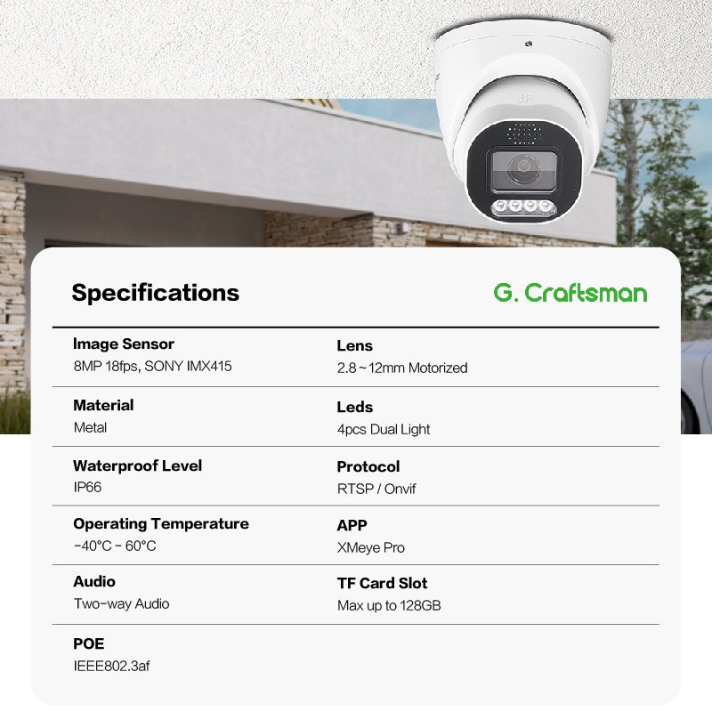 GX-HBVD-M8S 8MP 4K Sony POE Security IP Turret Dome Camera with Varifocal Motorized Zoom Auto Focus Lens Audio SD Card Storage