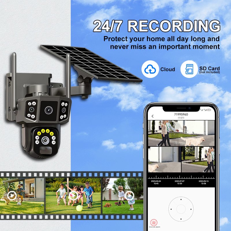 Solar Powered 4MP CCTV Security PTZ Outdoor Camera Full Color Night Vision Wireless WIFI 4G Wide Angle Micro SD Memory Network