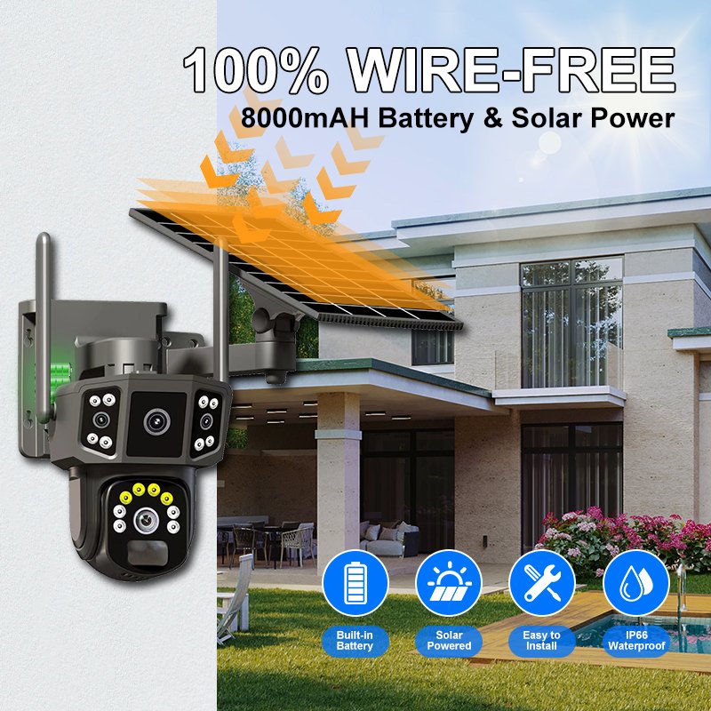 Solar Powered 4MP CCTV Security PTZ Outdoor Camera Full Color Night Vision Wireless WIFI 4G Wide Angle Micro SD Memory Network