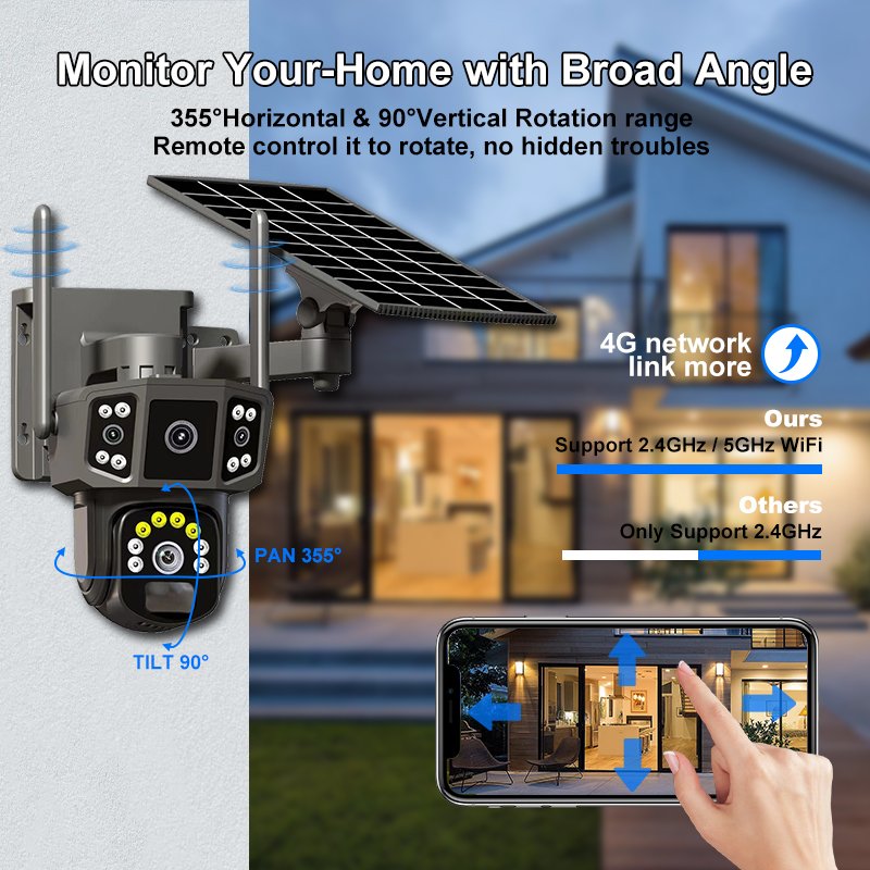 Solar Powered 4MP CCTV Security PTZ Outdoor Camera Full Color Night Vision Wireless WIFI 4G Wide Angle Micro SD Memory Network