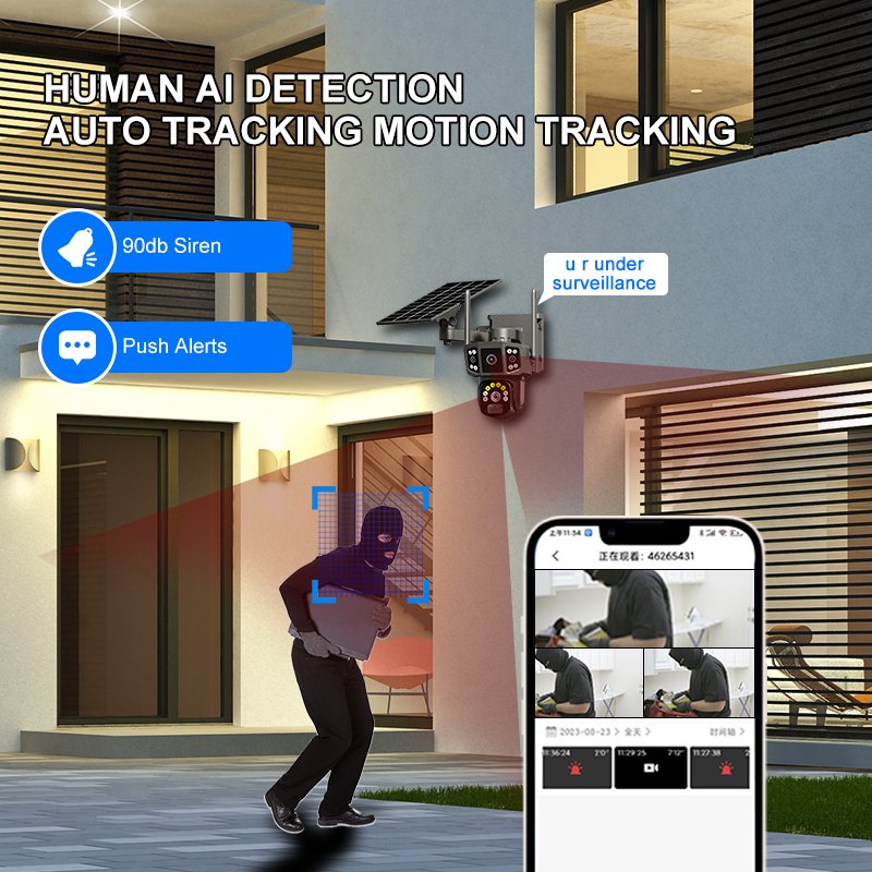 Solar Powered 4MP CCTV Security PTZ Outdoor Camera Full Color Night Vision Wireless WIFI 4G Wide Angle Micro SD Memory Network