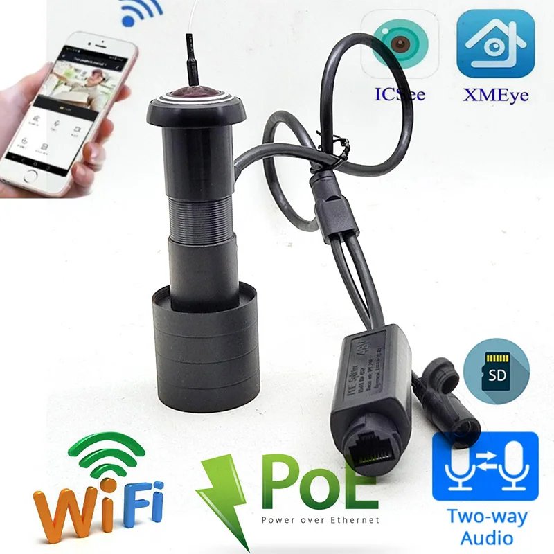 Fisheye ICSEE 1080P WIFI POE 2MP Door Mini IP Camera Two Way Audio Support Motion Alarm Email Human Detection TF Card Slot
