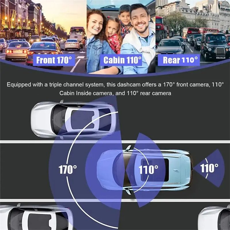 OEM 3 Channel Car DVR HD 1080P 3-Len Inside Vehicle Dash Cam Three Way Camera DVRs Recorder Video Mini Dashcam Camcorder 3 inch