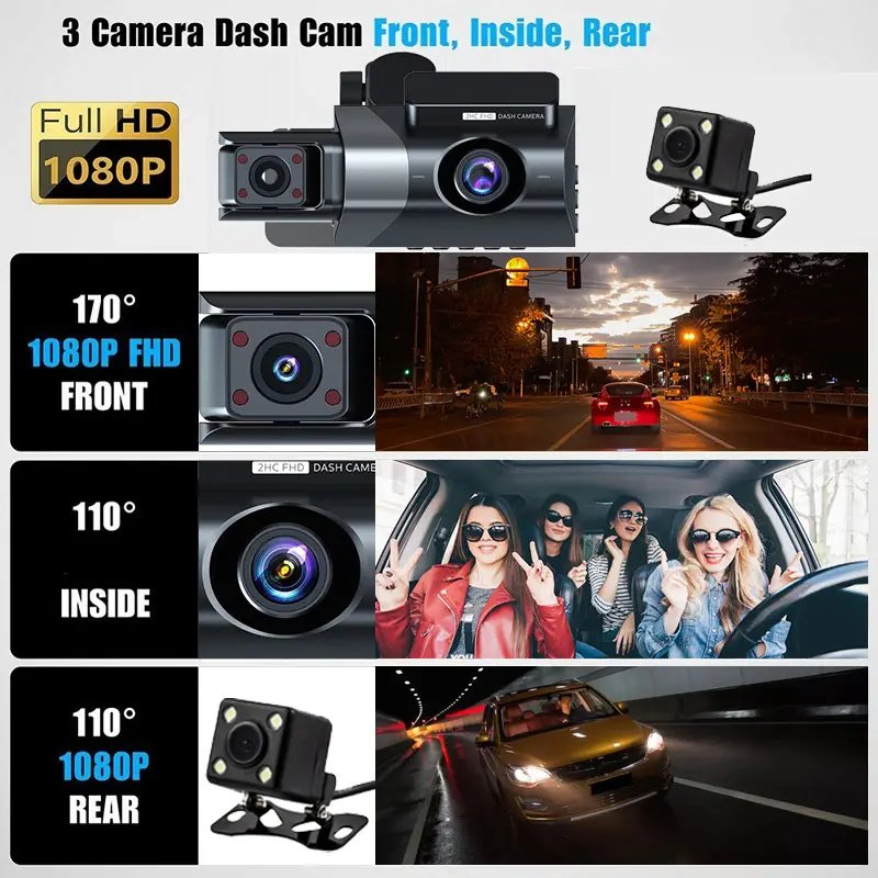OEM 3 Channel Car DVR HD 1080P 3-Len Inside Vehicle Dash Cam Three Way Camera DVRs Recorder Video Mini Dashcam Camcorder 3 inch