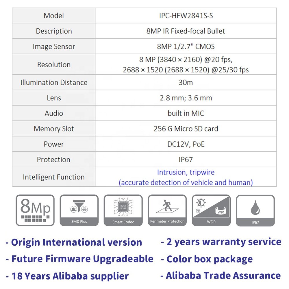 IPC-HFW2841S-S 2023 New Da hua Wizsense International Firmware H.265 30m IR Outdoor Built-in Audio Mini 8Mp PoE 4K IP Camera