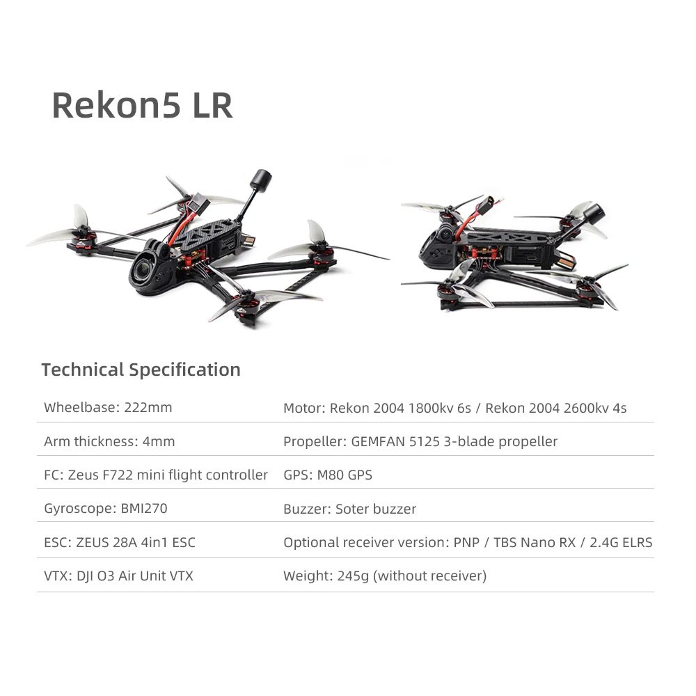 Rekon 5 Mini photograph Long Range15 minutes flying time 210mm Wheelbase 5'' frame 1800KV / 2600KV HD FPV Drone