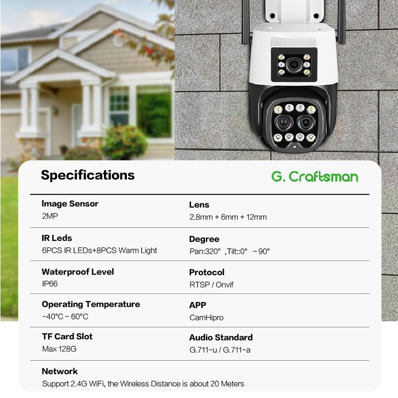GW-P3FVD-M2H G.Craftsman 360 PTZ Network IP WIFI Camera Three Lens Linkage 6X Zoom Surveillance Outdoor Waterproof Home Security