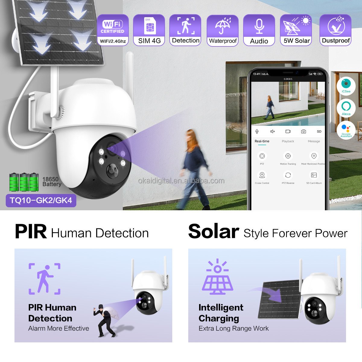 360 PTZ 4MP HD IP Mini Camera 4G Network Indoor Full Color Night Vision Long Standby Built-in Battery Solar Camera Outdoor Icsee