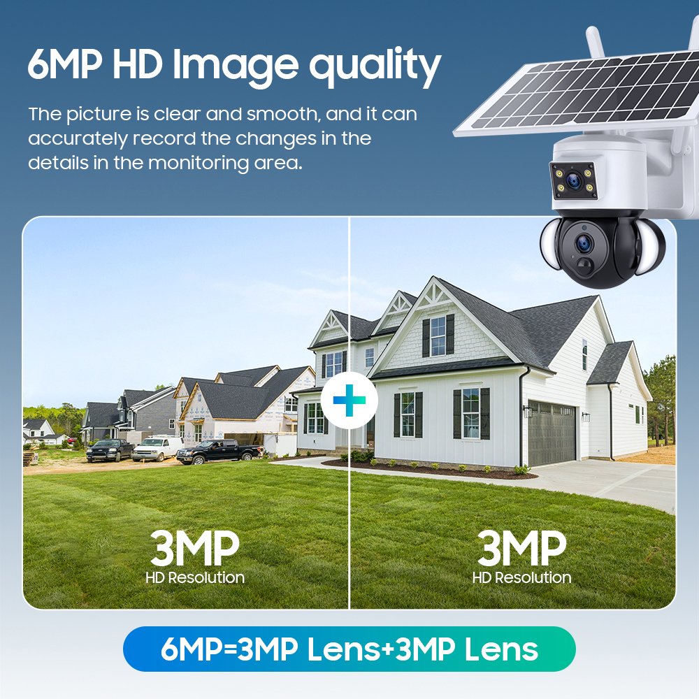 Dual Lens 6MP Floodlight Solar Battery PTZ Camera Night Vision WiFi IP Network Indoor Outdoor Application Cloud Data
