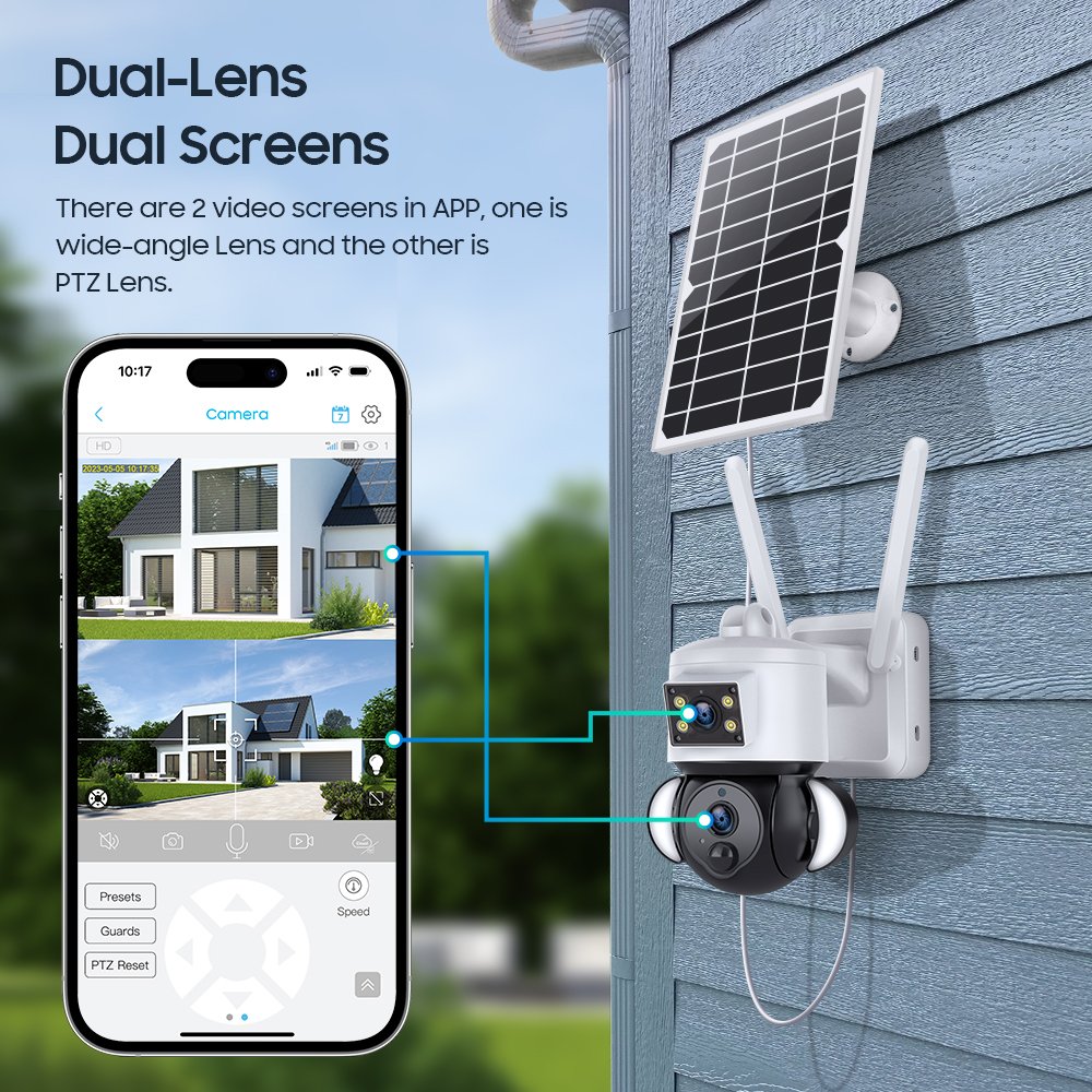 Dual Lens 6MP Floodlight Solar Battery PTZ Camera Night Vision WiFi IP Network Indoor Outdoor Application Cloud Data