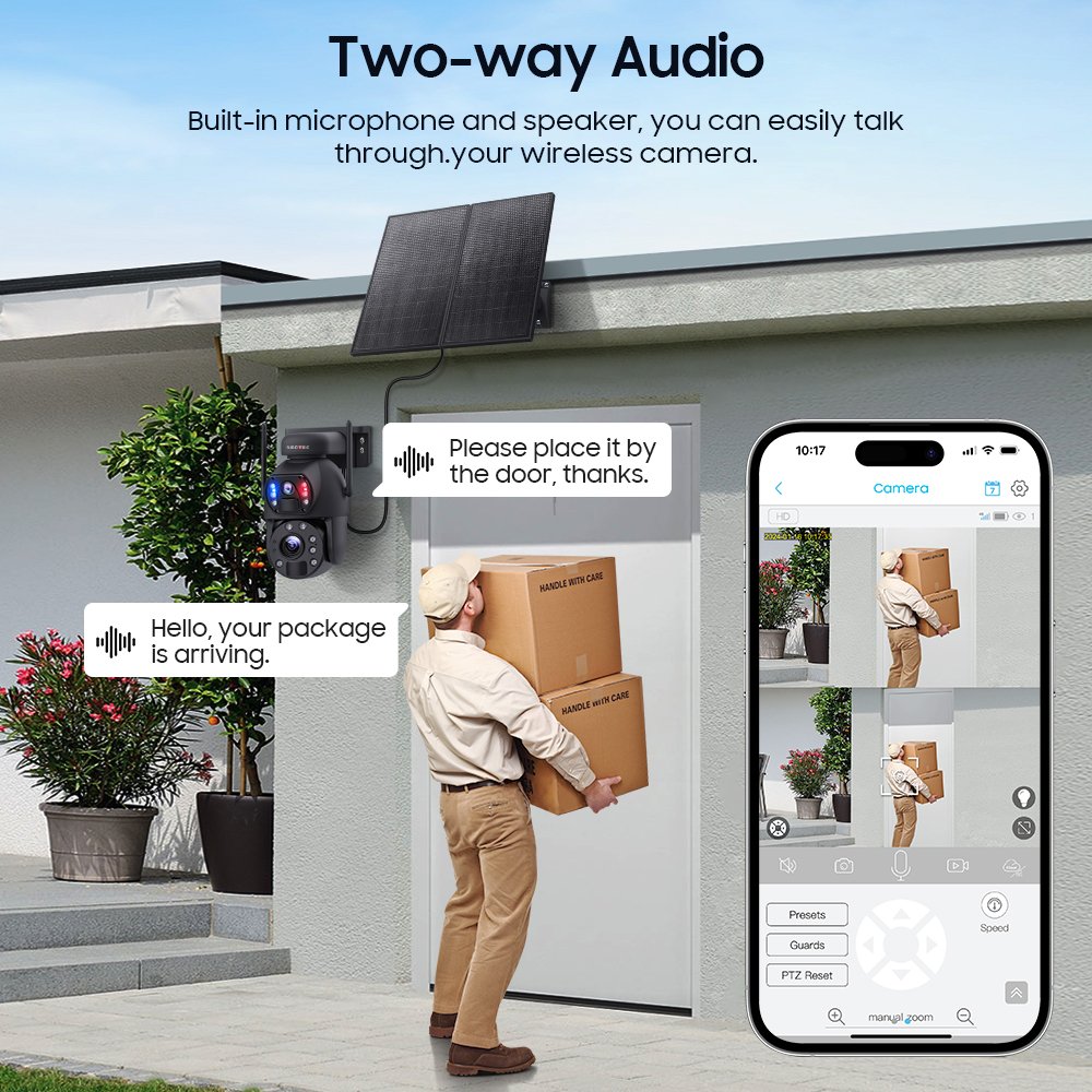 SECTEC 6MP 20W Solar Panel Solar Camera Zoom Dual Lens 4G Outdoor Panoramic Security PTZ Speed Dome Network Camera Night Vision